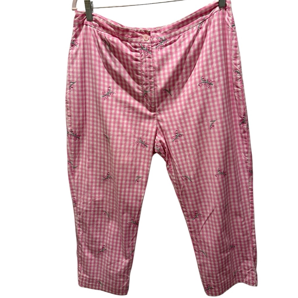Lily Pulitzer Pink Gingham Cropped Pants with Floral Embroidery